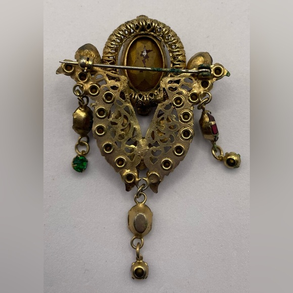 Vintage Gold Tone Multi Colored Faceted Glass Ornate Victorian Style Brooch Pin - Picture 6 of 10